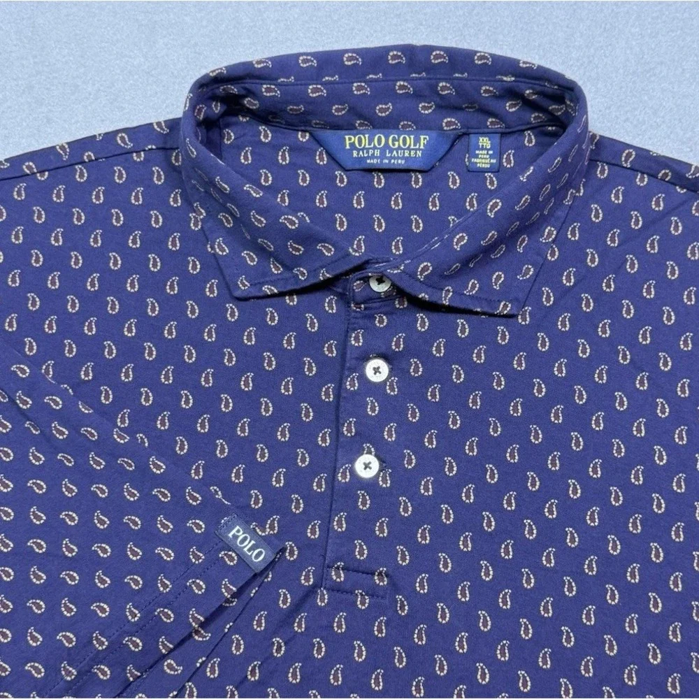 Ralph Lauren Polo Shirt Mens XXL Paisley AOP Polo Golf Performance Stretch Navy